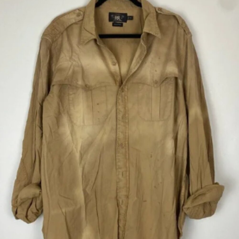 RRL Ralph Lauren Distressed Sun Faded Khaki Button Down Cotton Safari Shirt XXL